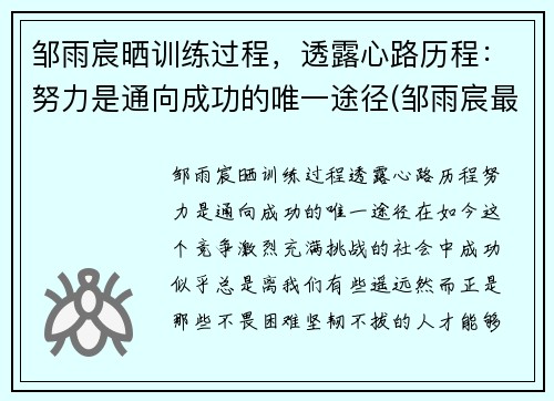邹雨宸晒训练过程，透露心路历程：努力是通向成功的唯一途径(邹雨宸最新动态视频)