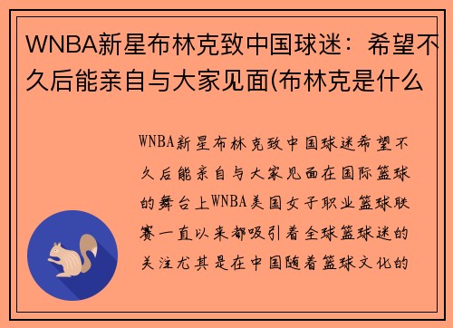 WNBA新星布林克致中国球迷：希望不久后能亲自与大家见面(布林克是什么意思)