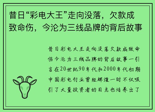 昔日“彩电大王”走向没落，欠款成致命伤，今沦为三线品牌的背后故事