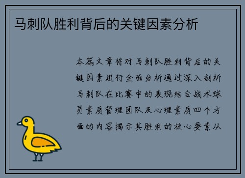 马刺队胜利背后的关键因素分析